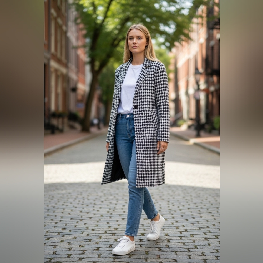Stylish Houndstooth Long Sweater Coat